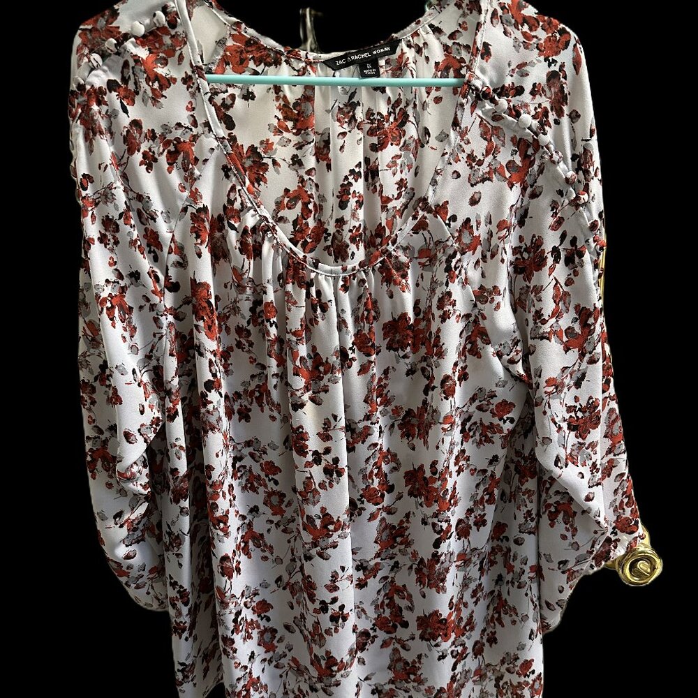 Zac & Rachel Floral Balloon Sleeve Blouse, Scooped Neck, in XL, Romantic Look